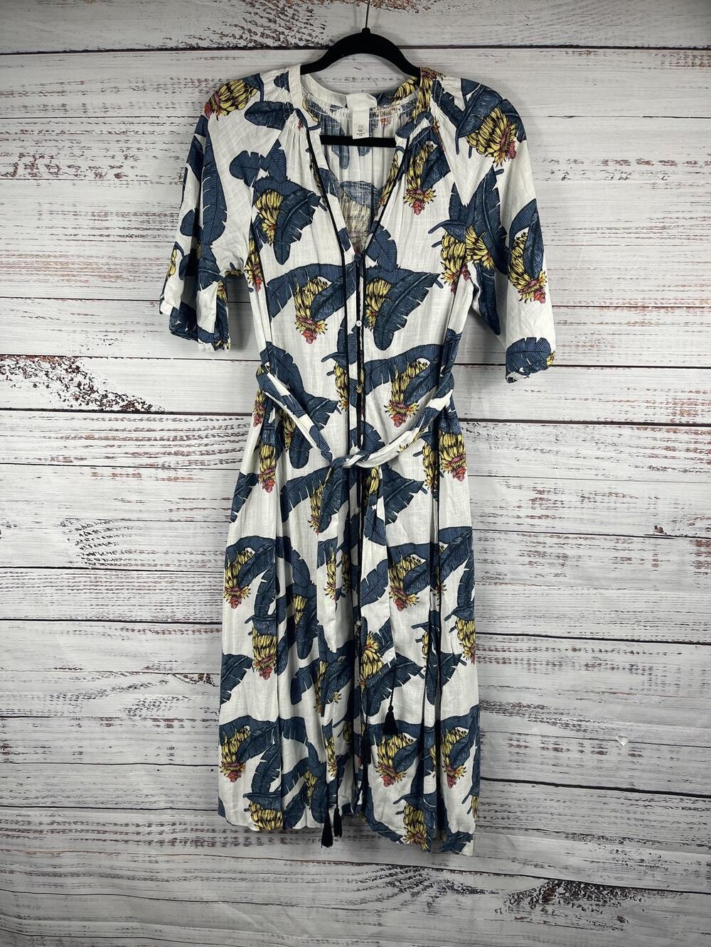 Desmond & Dempsey H&M Dress Women's XS White Banana Leaf Belted Midi Boho Summer